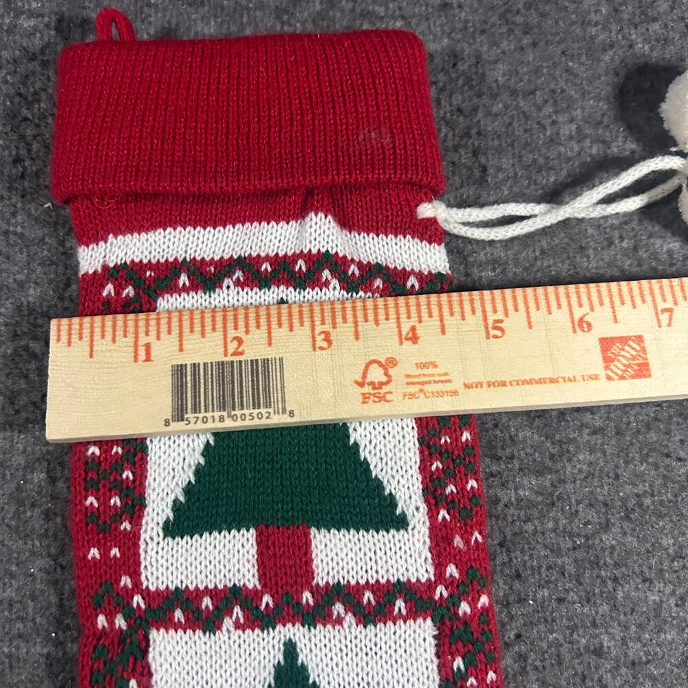 Vintage Knit Christmas Stocking Tree Red Green Yarn Crochet Pom Pom - Picture 7 of 8